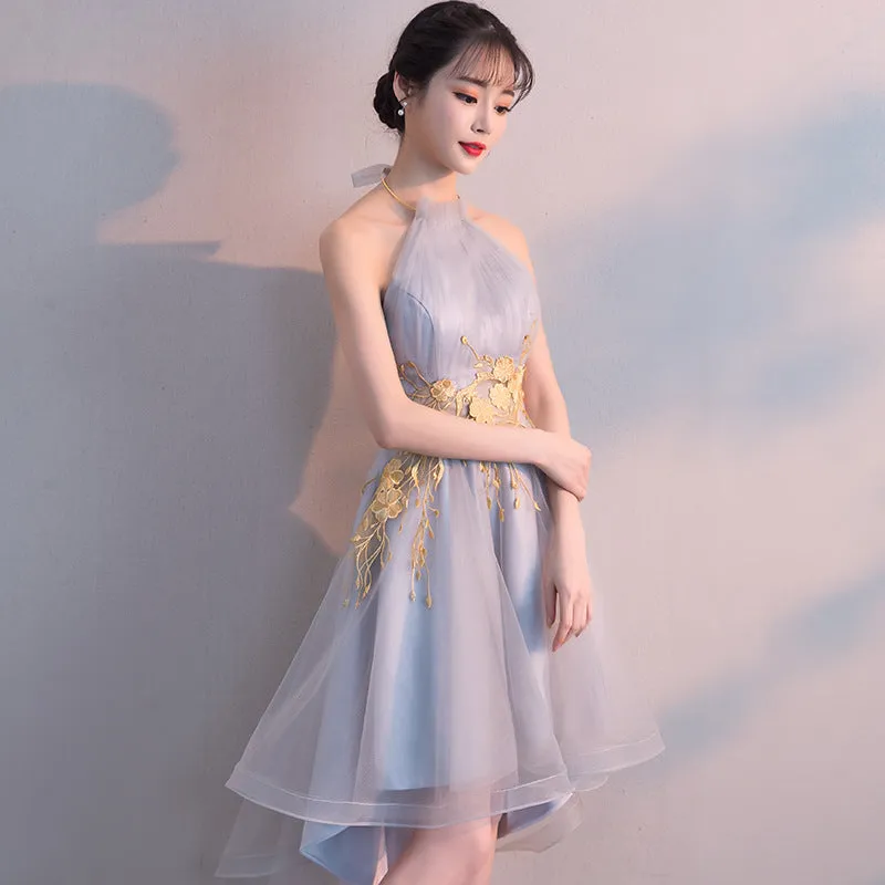 Charming Grey Halter High Low Party Dress, Homecoming Dress